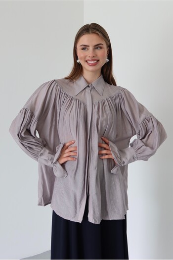 Laluvia Gray Shirred Design Shirt - 102116