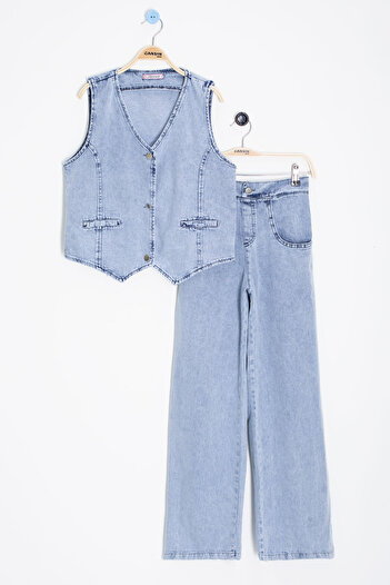 Cansın Mini Set 2 piese pentru fetiță cu vestă de jeans cu nasturi albastru și pantaloni cu picioare largi 20636