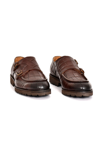 Tuna Genuine Leather Crocodile Print Brown Classic Men's Shoes Eva Sole Double Buckle Detail - 1202