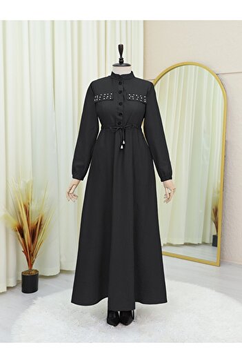 Modamorfo Stoned Waist Tie-Up Elastic Sleeve Dress - Black