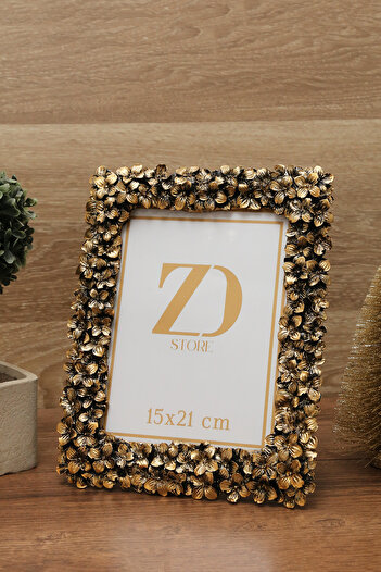 Aksesuar Zd Store 15x21 Lüks Fotoğraf Çerçevesi Çiçek Desenli Siyah Eskitme Model