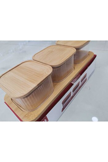 Balsa Grup Balsa MRK model 7 parça bambu tepsili bambu kapaklı borasilikat cam kahvaltılık seti