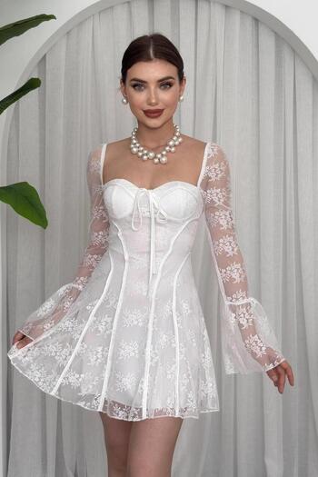 lovebox Vintage Lace Mini Dress, Flare Long Sleeve A-Line Fall Baloglu Evening Party