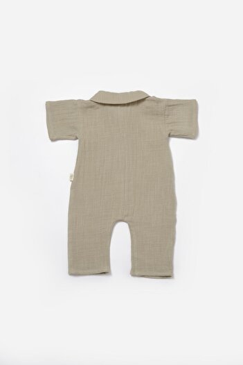 Magu Baby Boy Cotton Khaki Muslin Jumpsuit with Pockets - Lamb Embroidery Detail