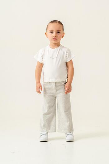 Magu Girl's Cotton Ecru Lace-Up T-Shirt and Patterned Wide Leg Trousers Set
