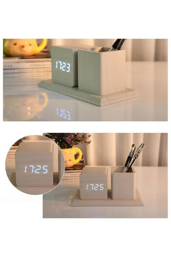 Generic Digital Alarm Clock With Wooden Pen Holder And Beautiful Led Screen