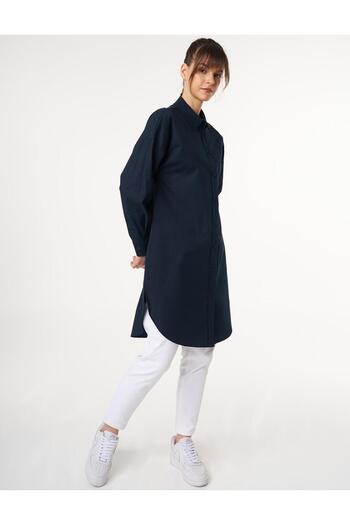 Kayra Shirt Collar Cotton Tunic Dark Navy Blue
