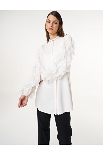 Kayra Ruffled Sleeves Satin Tunic Ecru Color