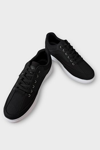 Liger Erkek Keten Gabardin Kumaş Günlük Sneaker Ayakkabı SİYAH - BEYAZ