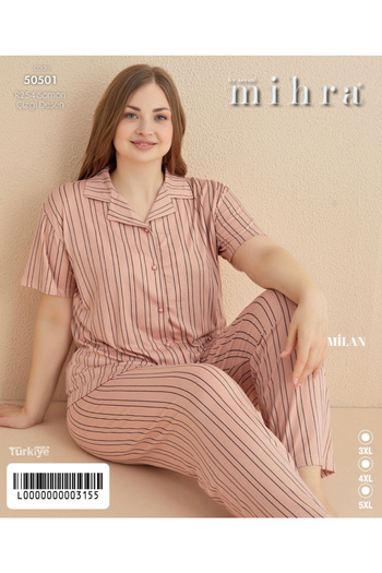 Mihra Milan Kumaş Battal Beden Yakalı Düğmeli Pijama Takımı