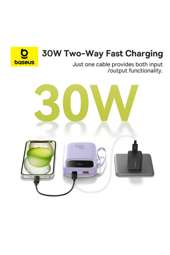 Baseus QPow2 10000mAh 30W Power Bank with Built-in Dual Type-C Cables & Digital Display Black