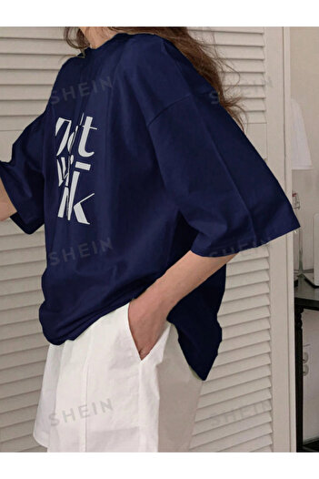 Revasser Unisex Erkek/Kadın THİNK Özel Baskılı Oversize Pamuklu Bisiklet Yaka T-Shirt