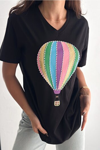 FEMELLE Women's Black V-Neck Large Size Balloon Sequin Sequin Embroidered 100% Cotton T-Shirt