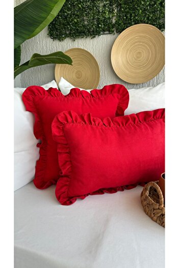 Decamor home Vintage Kadife Dokulu Kırmızı Fırfırlı Kırlent Kılıfı 1 Ad