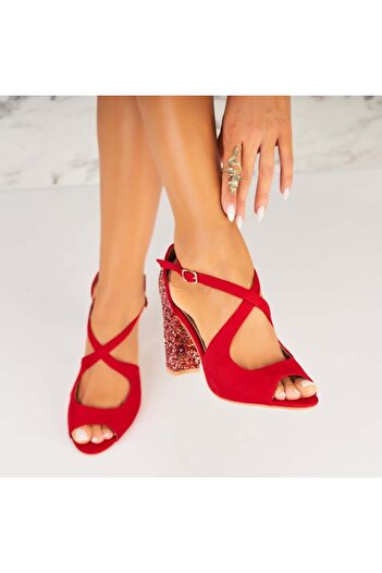 Joana Women's Red Heeled Sandals Made of Eco-Suede Leather Parvatie