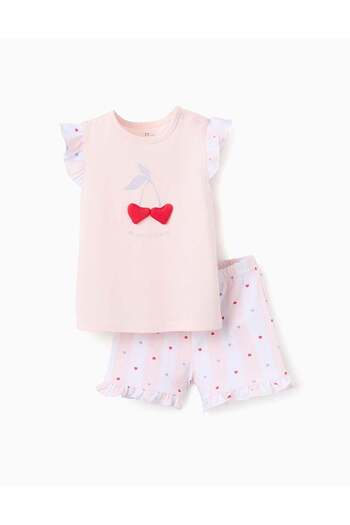 Ziddy Cotton Pyjama with Frills for Baby Girls 'Cherries', White/Pink