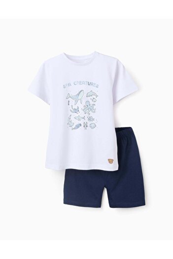 Ziddy Cotton Pyjama for Boys 'Sea Creatures', White/Blue