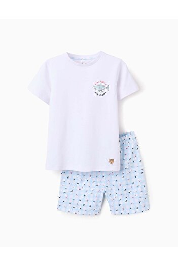 Ziddy Cotton Pyjama with Check for Boys 'Shark', White/Blue