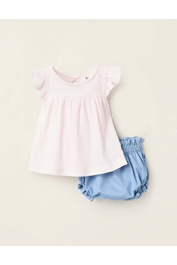 Ziddy Striped T-shirt + Denim Bloomers for Newborn Girls, Pink/Blue