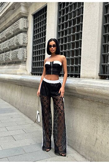 Friday Mood Women's Stripe Detailed Lace Bustier Pants Suit