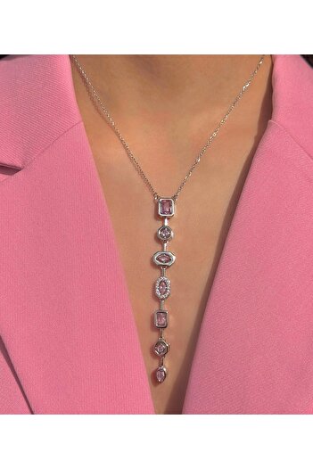 h&b design jewel Pink Colored Baguette Stone Necklace