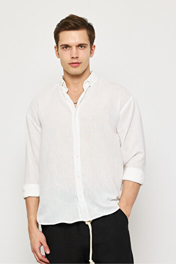 SUN STYLE Λινό Oversize Υφαντό Μακρυμάνικο Πουκάμισο - ΧΡΩΜΑ ECRU