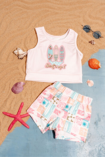 tinytrends Girl's Surf Printed Crop and Swimsuit Bikini Set