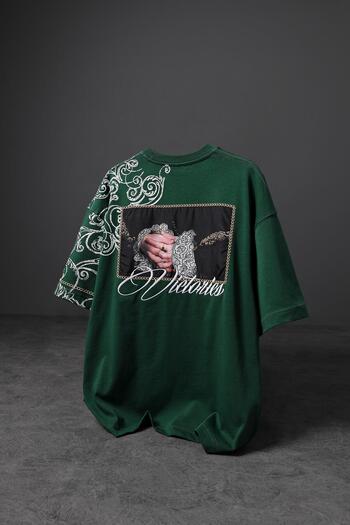 Slatra Men's Khaki Victories Patch Embroidered Oversize Tshirt