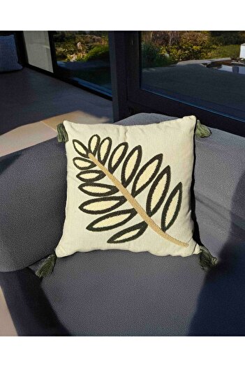 Sakallı Bohemian Punch Embroidered Throw Pillow Cover Green Leaf Pattern