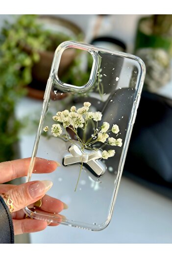 Go Aksesuar Iphone 11 Uyumlu Şeffaf Buket Simli Çiçek (Gerçek Çiçek) Epoksili Telefon Kılıfı
