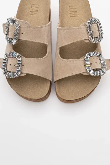 LuviShoes POLACCA Beige Suede Stone Double Banded Genuine Leather Women's Thick Sole Slippers
