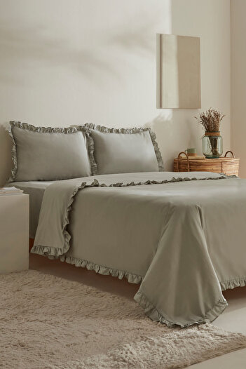 Karaca Home Pure Ruffle 100% Cotton Double Duvet Cover Set Sage