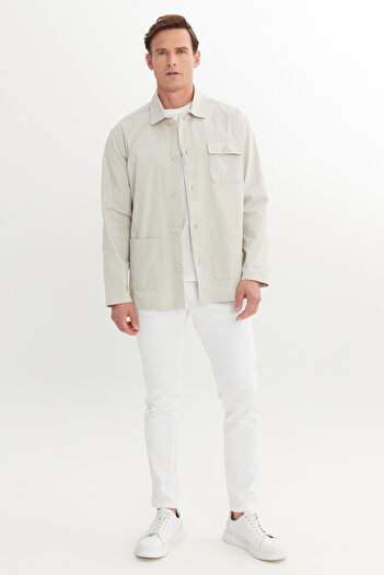 ALTINYILDIZ CLASSICS Men's Stone Comfort Fit Casual Cut Hidden Button Collar Cotton Pocket Winter Shirt Jacket