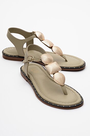 LuviShoes Helen Green Genuine Leather Flip Flops Gold Buckle Women's Sandals