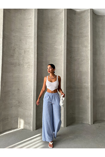 Miss Allos Women's Lace-Up Front Striped Linen Trousers