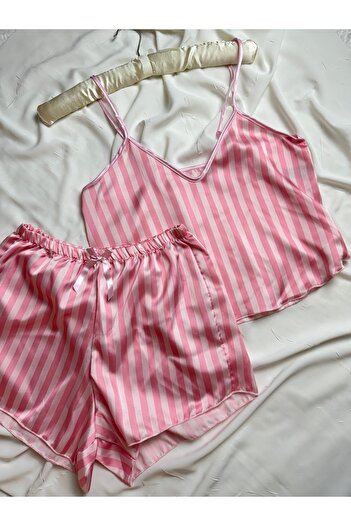 ROZENİN LINGERIE Pembe Çizgili Ayarlanabilir Askılı Saten Pijama Takımı