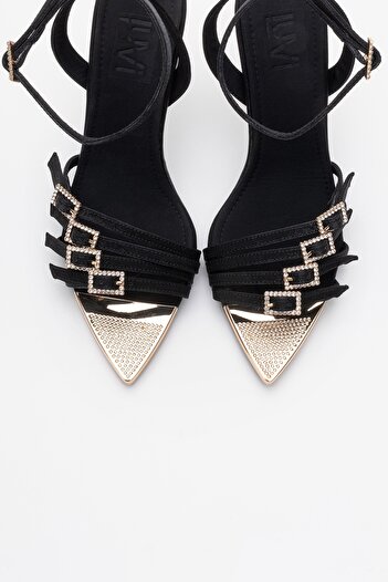 LuviShoes Auro Black Satin Stone Buckle Women's Heeled Shoes