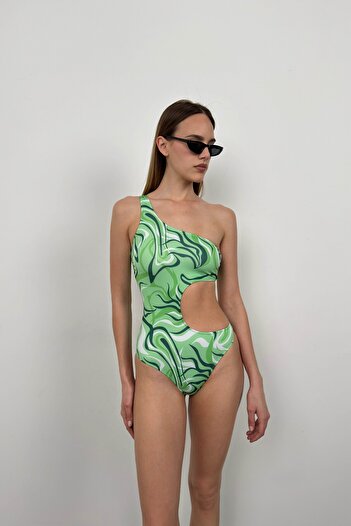 Black Fashion Green Single Shoulder Patterned Swimsuit