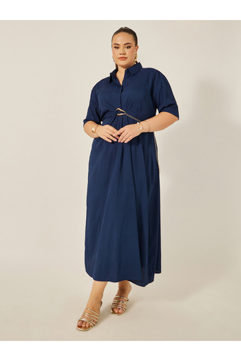 Styli Plus Size Textured Collared Shirt Dress with Chain Detail