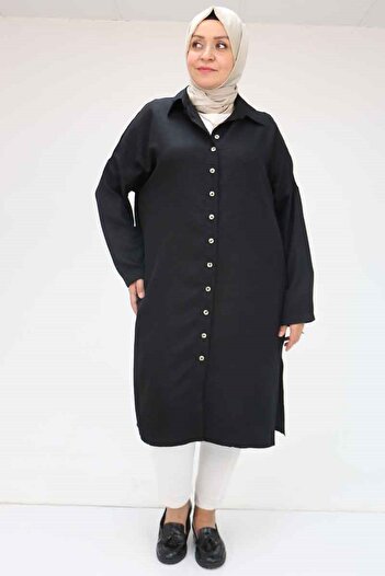 Eslina 58065 Plus Size Melange Linen Low Sleeve Shirt - Black