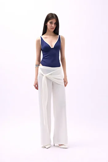 Black Fashion Ecru Satin Trousers - Front Tie