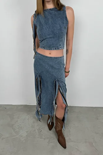 Black Fashion Fusta albastru deschis din denim cu volane