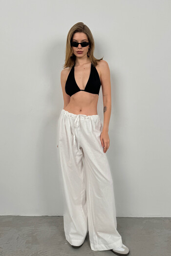 Black Fashion White Tunnel Detailed Voile Trousers