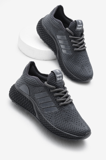 Tonny Black Unisex Smoked Poly Sole Lace-Up Knitwear Sports Shoes