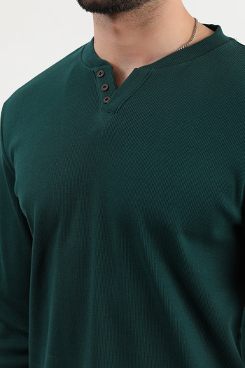 JB John Borners Men's V-Neck Button Detailed Textured Sweatshirt Dark Green - 5524