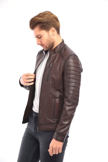 saremod Ανδρικό δερμάτινο μπουφάν Biker - Σκούρο καφέ, γιακάς Judge