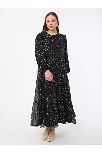 ALİA Plus Size Πουά Φόρεμα Hijab Chiffon - Ασπρόμαυρο - Alia