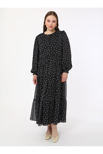 ALİA Plus Size Πουά Φόρεμα Hijab Chiffon - Ασπρόμαυρο - Alia
