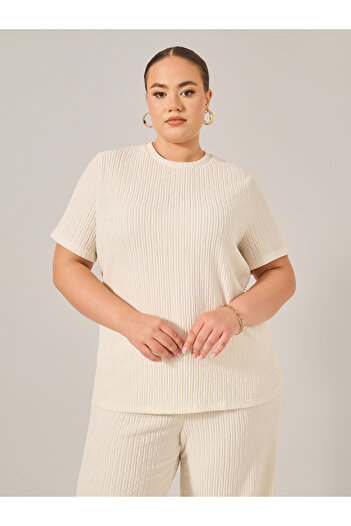 Styli Plus Size Crinkle Knit Short Sleeve Top and Straight Leg Pants Co-Ords