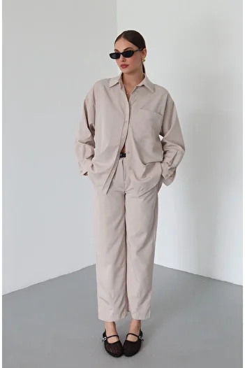 Laluvia Stone Marlin Belted Shirt Trousers Set - 8453